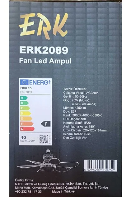 Erk E27 Duya Takılabilen Tavan Vantilatörü Kristal Ledli Kumandalı 6 Kanatlı
