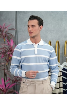 Modefendi Pamuk Likra Slim Fit Örgü Yatay Desen Yaka Şerit Detaylı Polo Yaka Kazak Bebe Mavi Modefendi Pamuk Likra Slim Fit Örgü Yatay Desen Yaka Şerit Detaylı Polo Yaka Kazak Bebe Mavi
