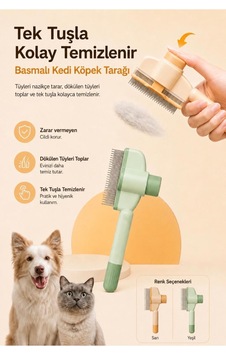 Tek Tuşla Temizlenen Basmalı Kedi Köpek Tüy Toplama Tarağı Paslanmaz Çelik Uçlu Tarak