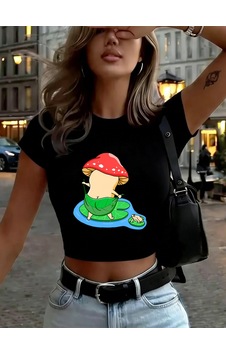 Noıssey Banyo Mantarı Baskı Kadın Kırpma T-shirt Yaz Yüksek Elastik Yumuşak Üstler Uydurma İnce Kısa Siyah Noıssey Banyo Mantarı Baskı Kadın Kırpma T-shirt Yaz Yüksek Elastik Yumuşak Üstler Uydurma İnce Kısa Siyah