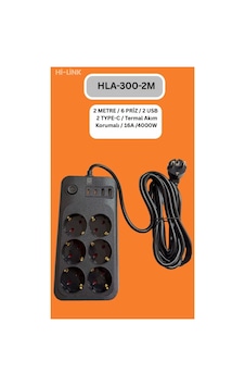Hi-link Hla-300-2 2 Metre 6 Priz 2 Usb 2 Type-c Termal Akım Korumalı 16a 4000w 0 - 2 M Hi-link Hla-300-2 2 Metre 6 Priz 2 Usb 2 Type-c Termal Akım Korumalı 16a 4000w 0 - 2 M