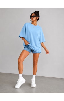 Polymood Kadın Oversize %100 Organik Pamuk Yakası Ribanalı T-shirt Mavi Polymood Kadın Oversize %100 Organik Pamuk Yakası Ribanalı T-shirt Mavi