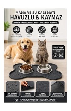 Kedi Köpek Mama Ve Su Kabı Altlığı 45x35 Cm Kaymaz Mama Matı Yıkanabilir Döküntü Önleyici Kemik Figürlü