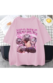 Flood Of Style Tayland Yılında Moo Deng Bouncy Domuz Bebek Komik Meme T-shirt Erkekler Kadınlar Kawaii T-shi Pembe