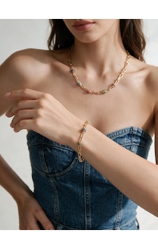 Valmont Accessories Renkli Taşlı Gold Kolye Ve Bileklik Seti - Düğün, Kına, Nişan Gelin Takı Seti Valmont Accessories Renkli Taşlı Gold Kolye Ve Bileklik Seti - Düğün, Kına, Nişan Gelin Takı Seti