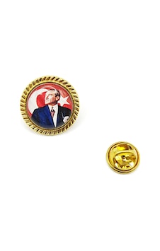 Yuvarlak Atatürk Ve Türk Bayrak Baskılı Yaka Rozeti - 1 Adet Sarı
