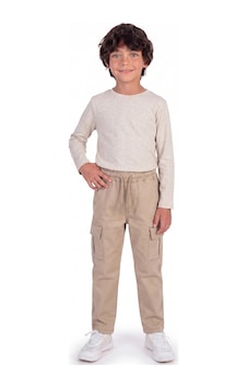 Onloox Erkek Bej Erkek Bej Pamuklu Gabardin Dar Paça Regular Kesim Kargo Cepli Beli Lastikli Pantolon 1.5-5 Yaş