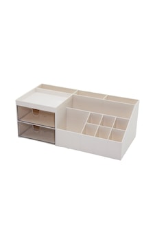2 Çekmeceli + 12 Bölmeli Plastik Makyaj - Takı Organizer 12x24cm-- Y: 4-6-7-8-9cm Bej - Kahverengi