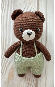 Amigurumi El Örgüsü Oyuncak Ayıcık Kahverengi - Yeşil