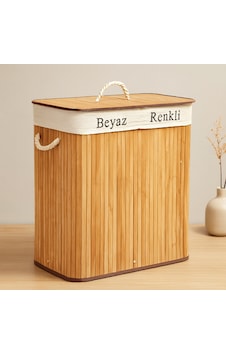 Bambu Ahşap 2 Bölmeli Çamaşır Sepeti 52x32x62 Cm Açık Ahşap