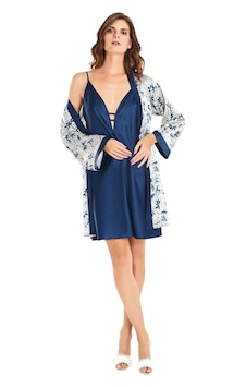 Aria's Closet Özel Tasarım Mavi Saten Emprime Baskılı İkili Kısa Sabahlık Gecelik Takımı Aria's Closet Özel Tasarım Mavi Saten Emprime Baskılı İkili Kısa Sabahlık Gecelik Takımı