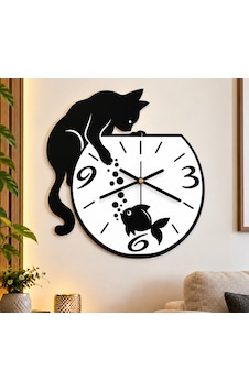 Kedi Ve Balık Figürlü Dekoratif Mdf Duvar Saati 40x40 Cm Siyah Beyaz Tasarım