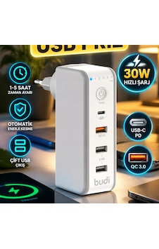 30w Type-c Qc 3.0 Zaman Ayarlı Şarj Cihazı Çift Usb Ve Otomatik Enerji Kesme Diğer