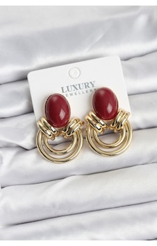 Pirinç Gold Renk Bordo Taşlı Vintage Kadın Küpe Renkli Pirinç Gold Renk Bordo Taşlı Vintage Kadın Küpe Renkli