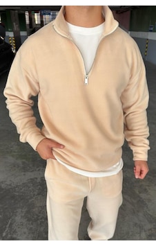 Mass Plus Unisex Slimfit Yarım Fermuarlı Dik Yaka Polar Sweatshirt Krem