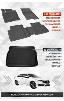 Sahler Honda Civic 2016-2021 Uyumlu 4.5d Premium Havuzlu Oto Paspas Ve Liner Marka 3d Bagaj Havuzu -