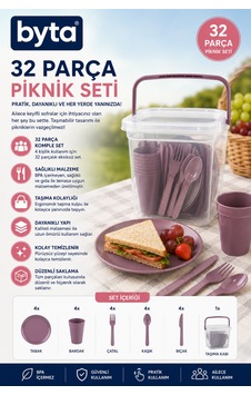 32 Parça Piknik Seti 4 Kişilik Taşıma Kutulu Kamp Ve Piknik Yemek Takımı Mor