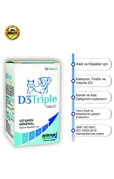 Animari D3 Triple 50 Tablet Kedi Ve Köpek Kalsiyum, D3 Vitamini & Güçlü İskelet Desteği