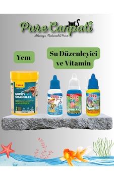 Purecanpati Akvaryum Başlangıç Seti Balık Yemi + Su Düzenleyici + Balık Vitamini + Klor Giderici Akvaryum Bakım Seti