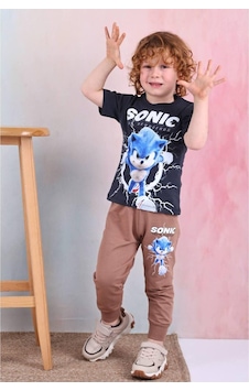 Kıpırık Baby Erkek Çocuk Sonicc Desenli Kısa Kollu Tshırt Eşofman 2'li Takım-997 Antrasit