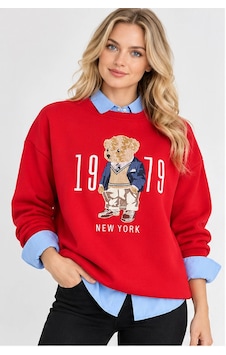 Mevese Kadın Beyaz Teddy Nakışlı Bisiklet Yaka Sweatshirt - Peluş Kabartma Nakış Detaylı Rahat Kesim Sweat- Kırmızı Mevese Kadın Beyaz Teddy Nakışlı Bisiklet Yaka Sweatshirt - Peluş Kabartma Nakış Detaylı Rahat Kesim Sweat- Kırmızı