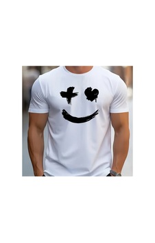 Caddemia Yaz Moda Gündelik Spor Gevşek Trend Gülümseme Grafik Baskı Yuvarlak Boyu Beyaz 2XL