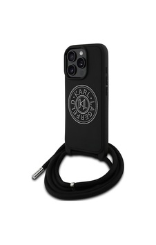 Apple Uyumlu iPhone 16 Pro Max Kılıf Karl Lagerfeld Lisanslı Askı İpli Taşlı Kl Yazılı Crossbody Cord Kapak Siyah