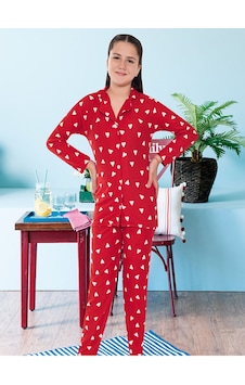 Kız Çocuk Süet Kışlık Boydan Düğmeli Kalın Pijama Takımı Kırmızı