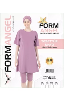 Form Angel Kadın Düz Renk Büyük Beden Kısa Kollu Likralı Tesettür Mayo Pembe