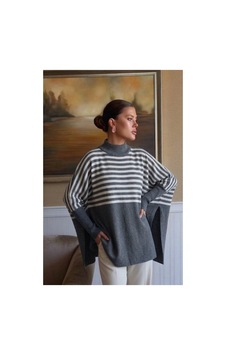 Onno Style Women Çizgili Standart Beden Triko Kadın Panço Gri Onno Style Women Çizgili Standart Beden Triko Kadın Panço Gri