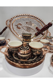 İşlemeli Bakır Fincan Takımı- İki Bakır Kahve Fincan Takımı Siyah
