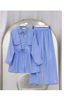 Lovie Moda Kapak Taşlı Jakar Pantolonlu İkili Takım Mavi Lovie Moda Kapak Taşlı Jakar Pantolonlu İkili Takım Mavi