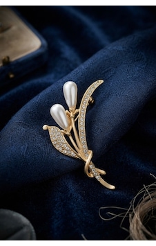 Gold Renk İncili Model Zirkon Taşlı Broş Altın