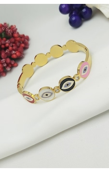 Dört Renkli Mineli Göz Figür Altın Kaplama Çelik Kelepçe 19,5cm Gold Dört Renkli Mineli Göz Figür Altın Kaplama Çelik Kelepçe 19,5cm Gold