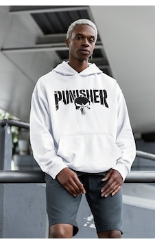 Sevbano Punisher Yazılı Unisex Oversize Tasarım Film Hoodie Beyaz