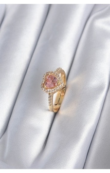 Pirinç Gold Renk Pembe Zirkon Taş Kalp Charm Model Kadın Yüzük - Pirinç Gold Renk Pembe Zirkon Taş Kalp Charm Model Kadın Yüzük -