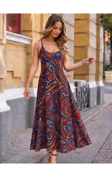 Meridefashion Askılı V Yakalı Desenli Uzun Süprem Elbise - 55290 S/m Çok renkli