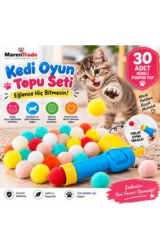30 Adet Renkli Ponpon Kedi Oyuncağı Seti + Fırlatma Aparatı Eğlenceli Kedi Topu