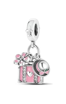 Pembe Valiz , Papatya Ve Şapka Sallantılı Charm Gümüş Pembe Valiz , Papatya Ve Şapka Sallantılı Charm Gümüş