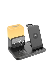 Lenyes Pw327 Ambiyans Işıklı Alarmlı Telefon&akıllı Saat&kulaklık 5in1 Kablosuz Şarj Stand 15w Siyah