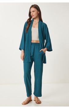 Happiness İstanbul Kadın Zümrüt Yeşili Kimono Pantolon Örme Takımı By00050 Zümrüt Yeşili