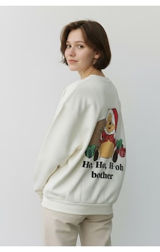 Feg Store Oversize Winnie The Pooh Baskılı İçi Polarlı Yumuşak Dokulu Sweatshirt Beyaz