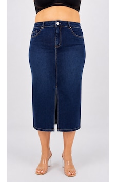 Büyük Beden Denim Taşlı Kalem Etek Lacivert Büyük Beden Denim Taşlı Kalem Etek Lacivert