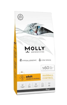Molly Hairball Düşük Tahıllı Tavuk Etli ve Hamsili Yetişkin Kedi Maması 15 KG Molly Hairball Düşük Tahıllı Tavuk Etli ve Hamsili Yetişkin Kedi Maması 15 KG