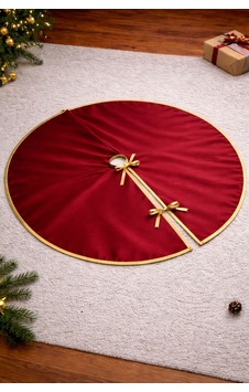 Çam Ağacı Altı Etek Örtüsü 120 Cm Gold Biyeli Bordo Saten Yılbaşı Örtüsü