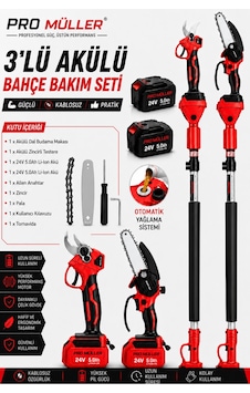 Alman Profesyonel 3'lü Set 24 V Çift Akülü Teleskopik Kollu Bağ Makası Ve Budama Testeresi Makinesi Alman Profesyonel 3'lü Set 24 V Çift Akülü Teleskopik Kollu Bağ Makası Ve Budama Testeresi Makinesi