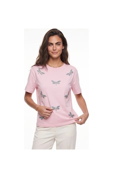 Onloox Kadın Pembe Şeker Pembe Pamuklu Bisiklet Yaka Rahat Kalıp Boncuk Taş İşlemeli Yusufçuk Desenli T-shirt