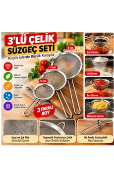 3'lü Paslanmaz Çelik Süzgeç Seti 5 Cm 7 Cm 8 Cm Mini Mutfak Süzgeci Çay Un Sos Metal 3'lü Paslanmaz Çelik Süzgeç Seti 5 Cm 7 Cm 8 Cm Mini Mutfak Süzgeci Çay Un Sos Metal