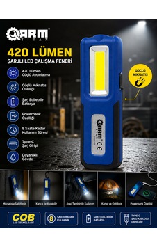 Arm 420 Lümen Çalışma Feneri Powerbanklı Siyah - Mavi Arm 420 Lümen Çalışma Feneri Powerbanklı Siyah - Mavi
