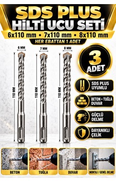 Sds Plus Beton Matkap Ucu Seti 3 Adet 6x110 7x110 8x110 Mm Hilti Ucu Tuğla Duvar Delme